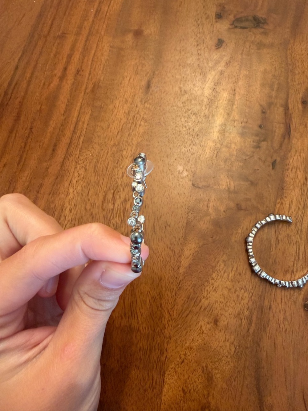 Silver-Tone Crystal Hoop Earrings with Black Pearl Accents